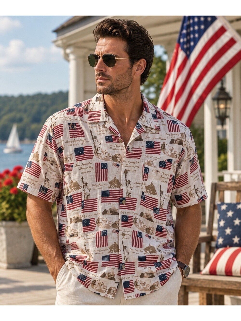 Cotton Traders Mens BUTTON SHIRT Size XL USA Flag Star Spangled Banner